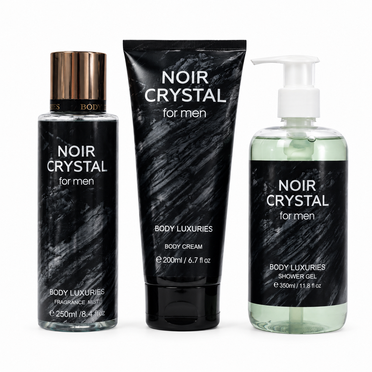 Set Trio Noir Crystral for Men Fragance Mist 250 mL, Body cream 200 mL y Shower Gel 350 mL.