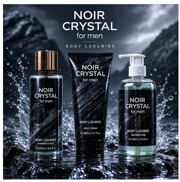 Set Trio Noir Crystral for Men Fragance Mist 250 mL, Body cream 200 mL y Shower Gel 350 mL.