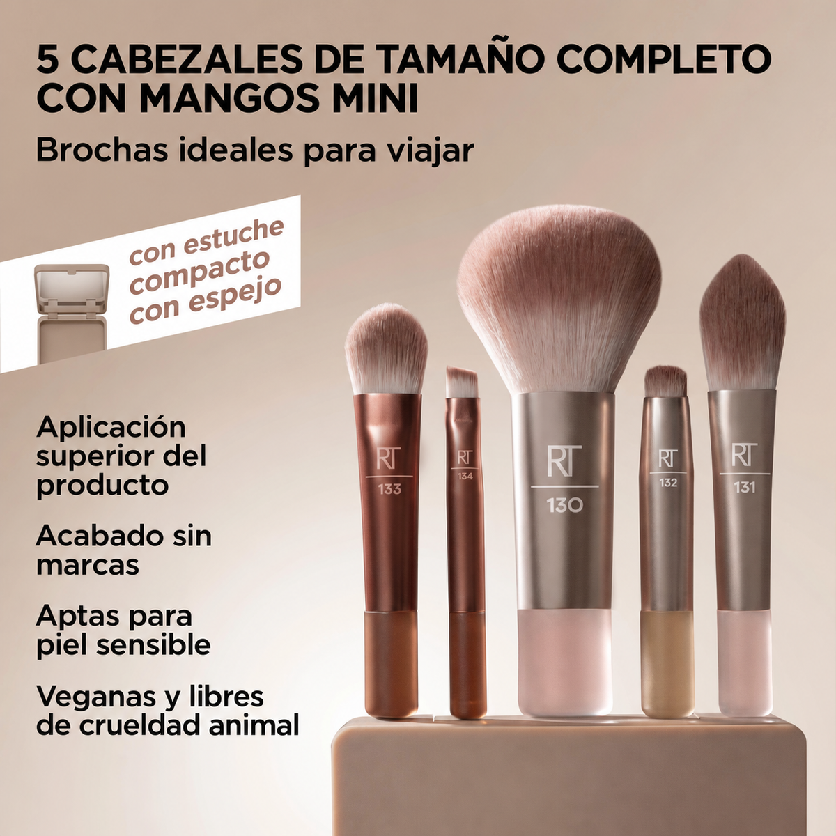 REAL TECHNIQUE NEW NUDES 2.0 ON-THE-GLOW MINI BRUSH SET + MIRRORED COMPACT