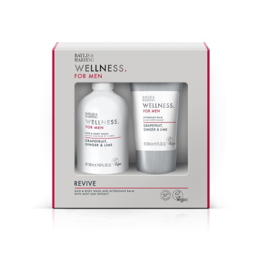 Baylis & Harding Wellness For Men Revived & Ready Gift Set 300 mL Bottle Hair & Body Wash and 200 mLTube Aftershave Balm