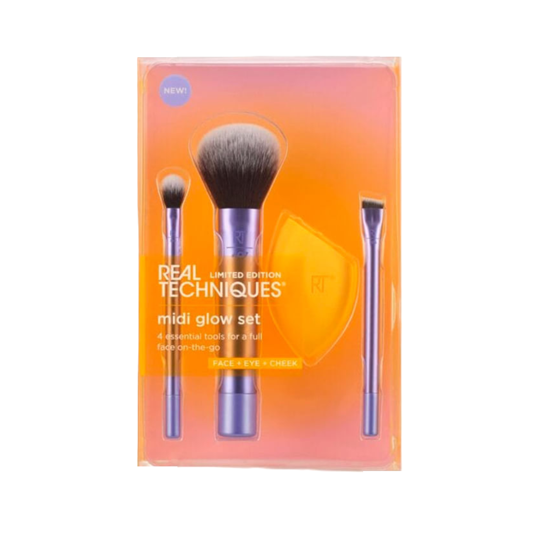 REAL TECHNIQUES MIDI GLOW SET (BROCHAS Y ESPONJA  PARA APLICAR MAQUILLAJE/ ROSTRO/OJOS Y MEJILLAS)